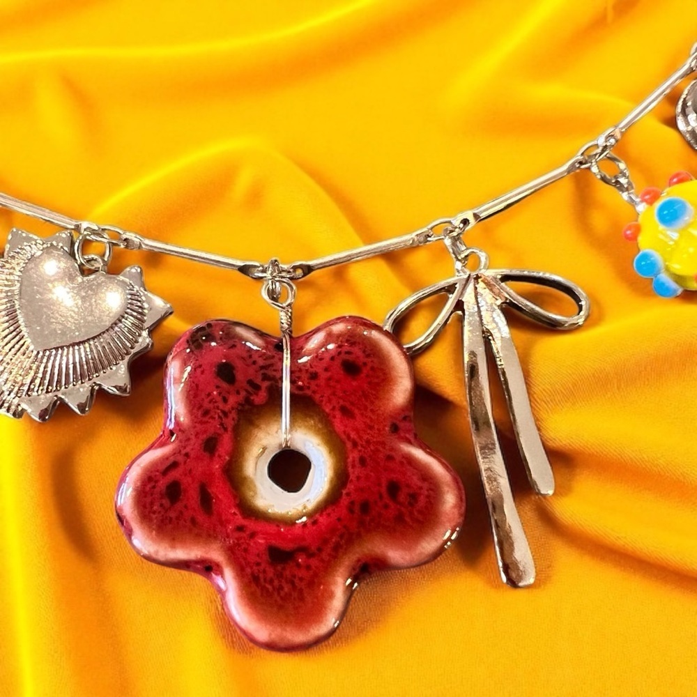 Vibrant Gold Toned Autumn inspired charm necklace Glass Ceramic Enamel charms - Picture 7 of 17